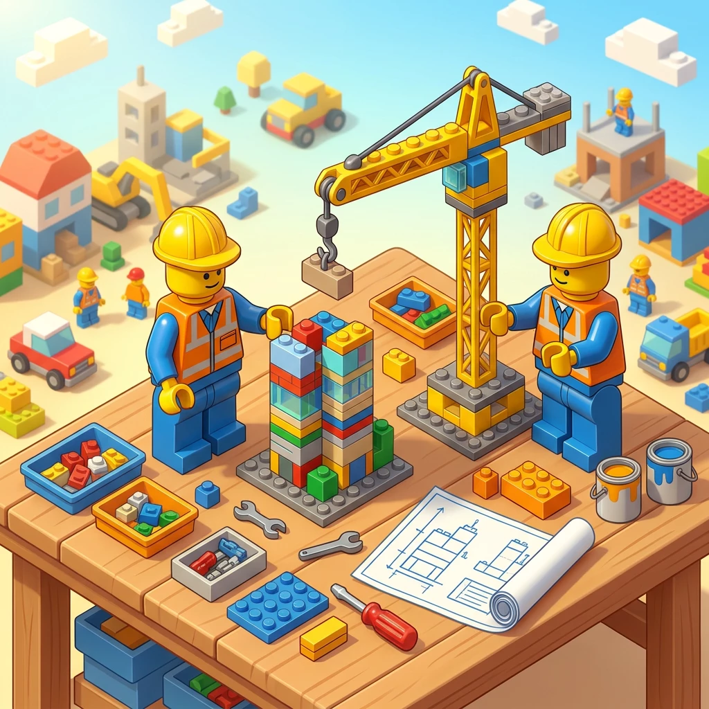 Cartoon construction workers with hard hats building with colorful blocks and a crane on a workbench with blueprints