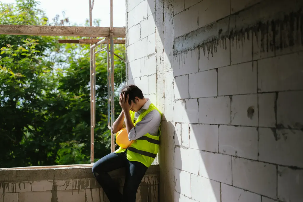 Stressed construction worker sitting at job site