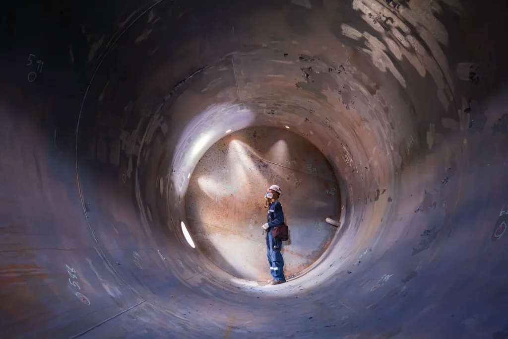 A construction worker in safety gear and hard hat stands inside a large cylindrical concrete pipe or tunnel, inspecting the confined space with natural light streaming through the opening.
