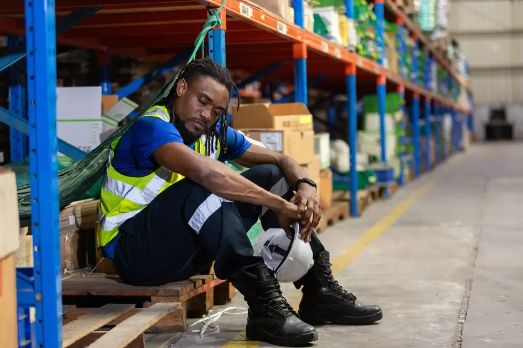Tired warehouse worker resting on wooden pallet