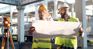 Construction site workers with safety equipment for Cal/OSHA training