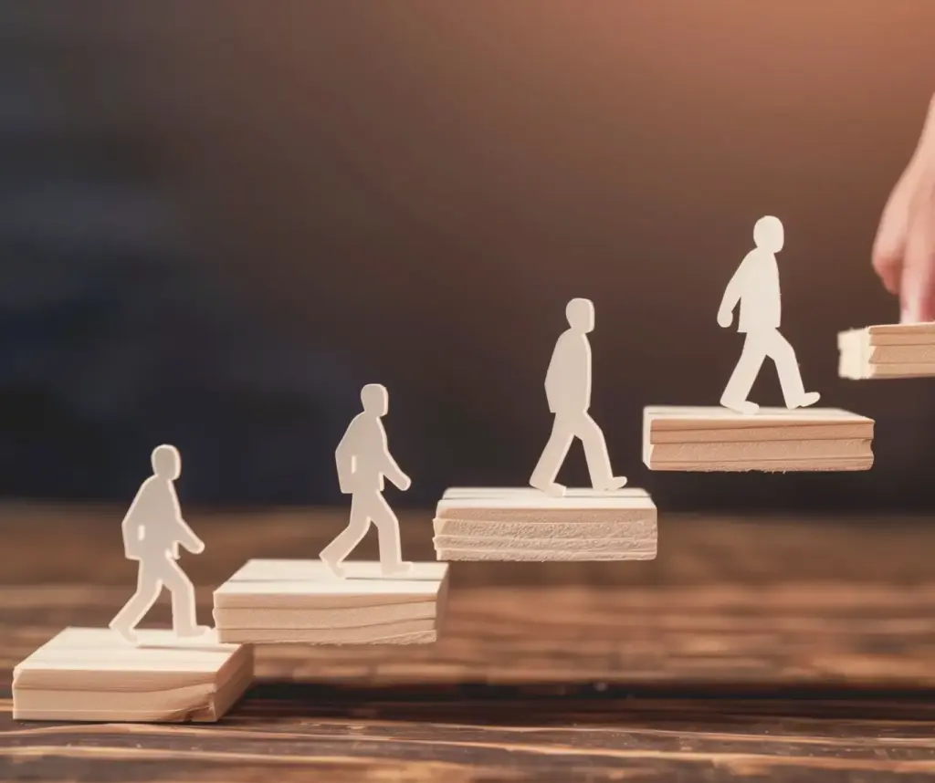 Paper cutout figures climbing ascending wooden block steps representing career growth