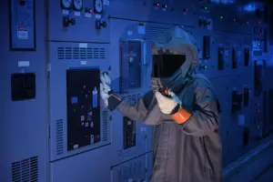Electrician in protective gear working on electrical panel