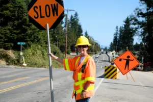 Road construction zone with workers and equipment