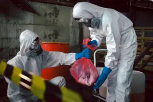 Workers in hazmat suits at a hazardous waste operations site