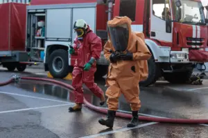 Emergency response team in protective gear at a hazmat site