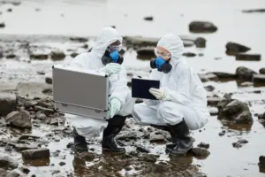 Workers in full hazmat suits conducting hazardous waste cleanup