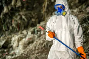 Workers in protective equipment handling hazardous materials