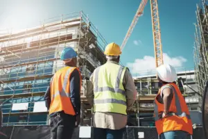 Three construction workers in hard hats and high-visibility vests viewing a building site with scaffolding and crane