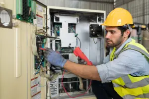 Technician repairing industrial electrical equipment