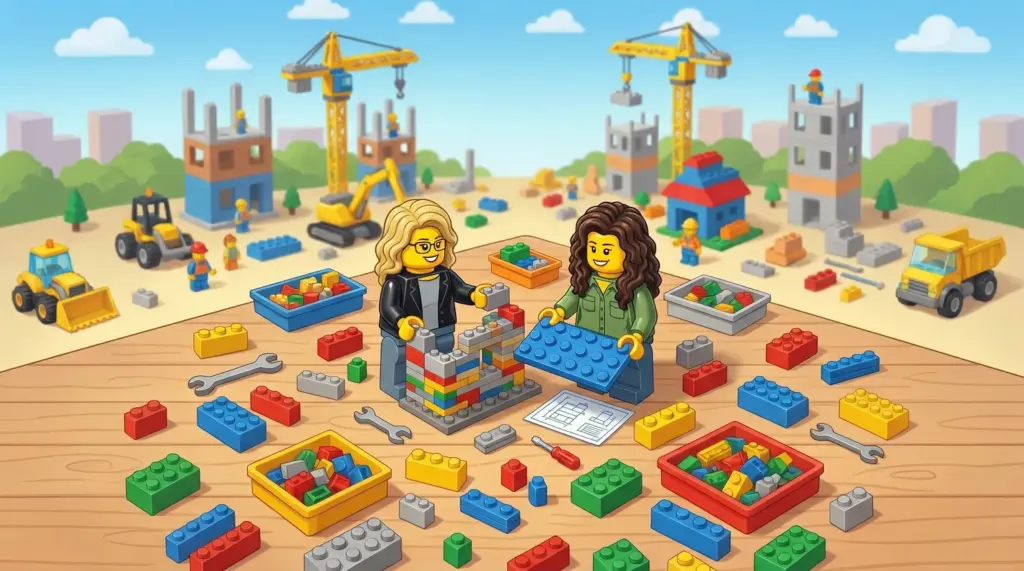 LEGO figures building with colorful bricks