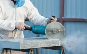 Worker cutting stone slab with circular saw