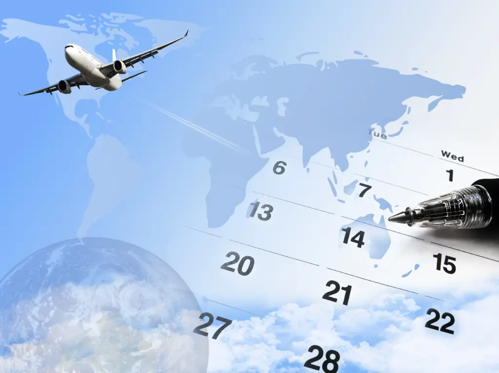 Airplane above calendar, passport, and world map